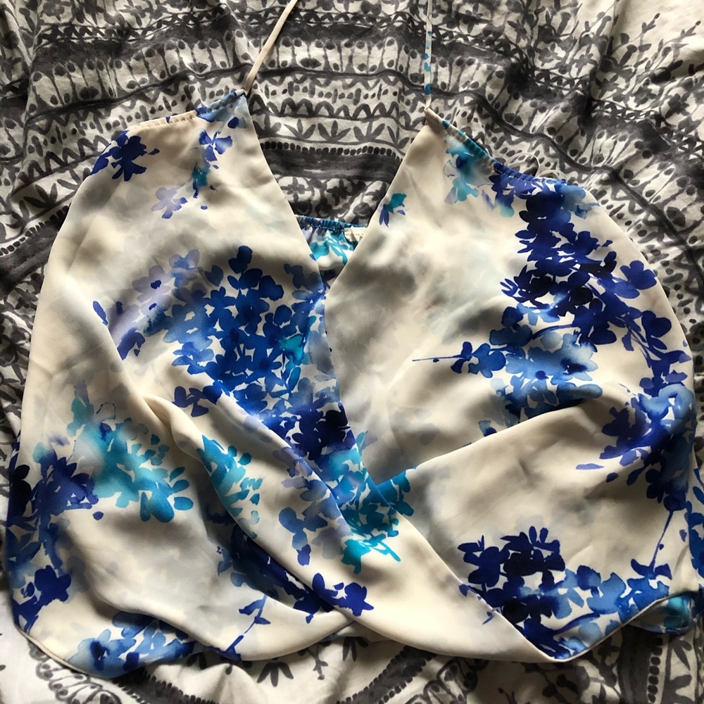 Olivaceous blue & white floral halter top
